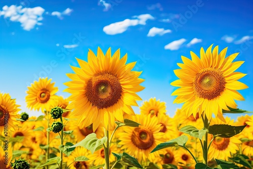 sunflower field over cloudy blue sky background, beautiful photo digital picture, AI Generated