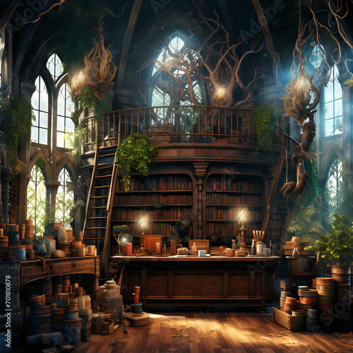 a grand library in a wizarding school, filled with towering bookshelves, ancient tomes, and floating candles, where young witches and wizards study the secrets of magic.