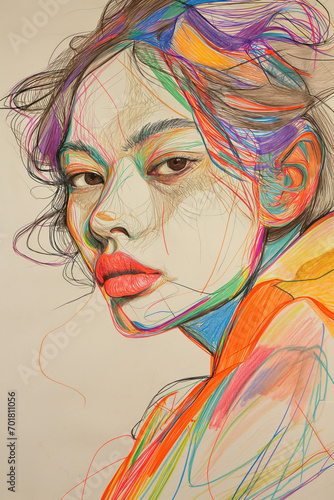 Asian Woman in Artistic Pose with Rainbow-Colored Hair and Abstract Background