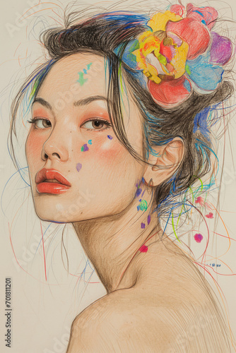 Artistic Asian Female Portrait with Colorful Floral Hair Accents