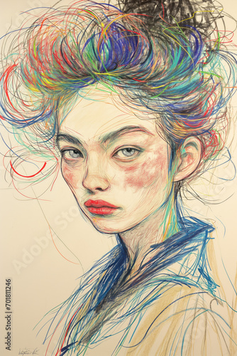 Asian Woman in Artistic Pose with Rainbow-Colored Hair 