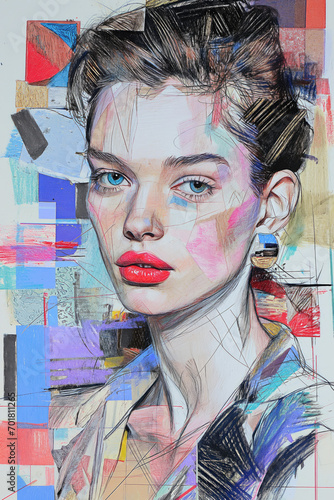 Abstract Art Portrait of Asian Woman with Colorful Geometric Shapes
