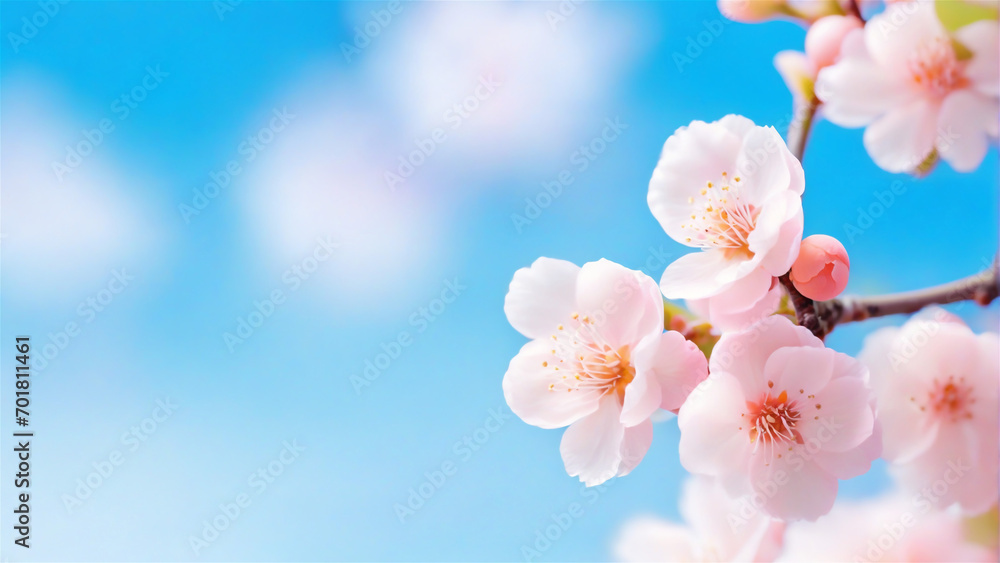Japan Sakura Spring of Nature. Branches of Blossoming Apricot Macro with Soft Focus on Gentle Light Blue Sky Background. Japan Sakura Spring of Nature. Branches of Blossoming Apricot Macro with Soft Focus on Gentle Light Blue Sky Background.