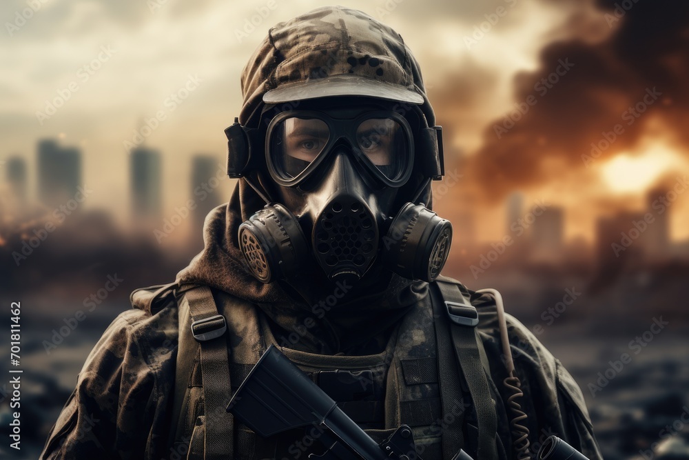 Portrait of a special forces soldier in a gas mask at sunset, AI Generated Portrait of a special forces soldier in a gas mask at sunset, AI Generated