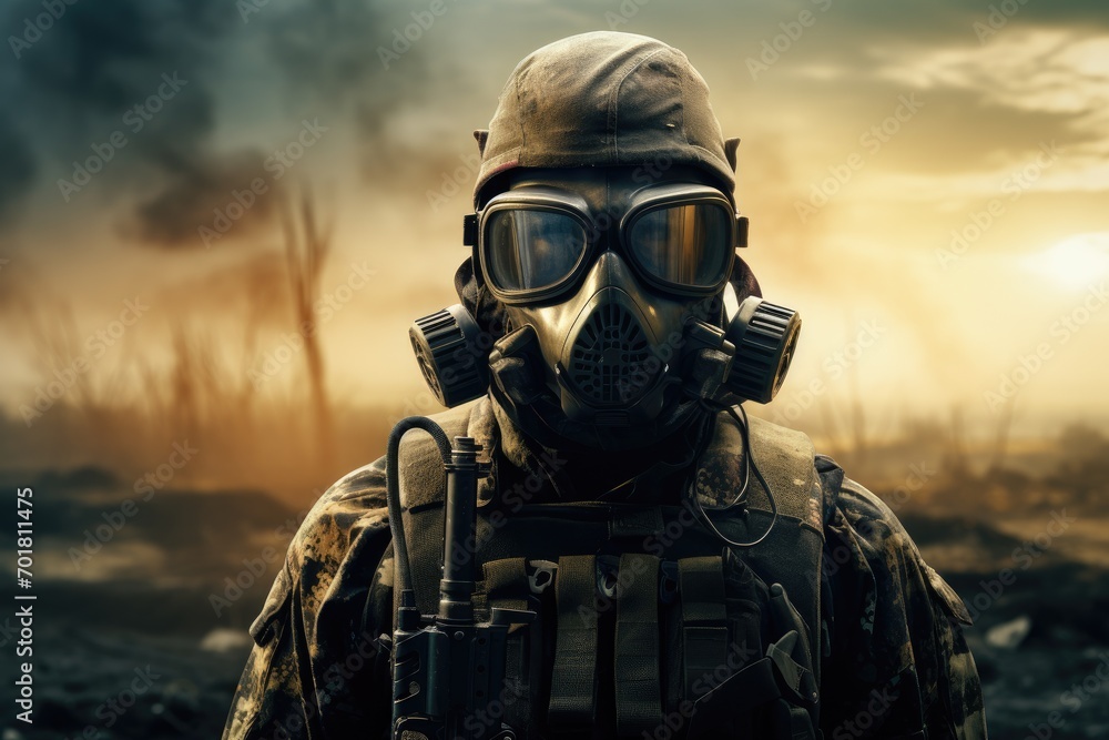 Portrait of a special forces soldier in a gas mask on the background of the city, AI Generated - obrazy, fototapety, plakaty 