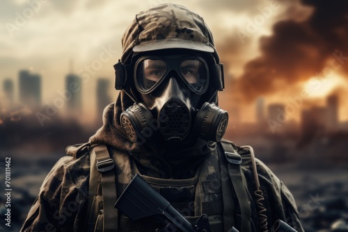 Portrait of a special forces soldier in a gas mask at sunset, AI Generated