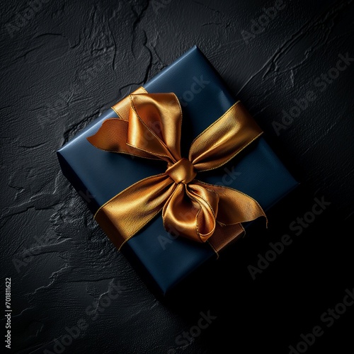 Gift box with gold ribbon on black background. Top view.