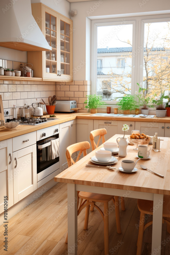Interior of a small Scandinavian kitchen with a wooden table Interior of a small Scandinavian kitchen with a wooden table