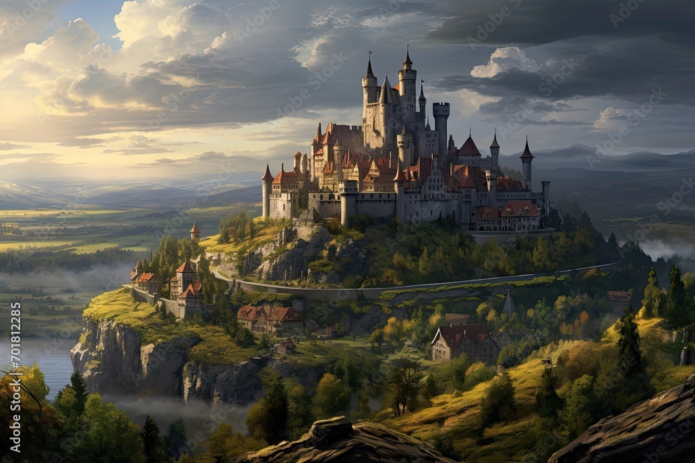 Fantasy landscape with castle on the hill. 3D render, AI Generated