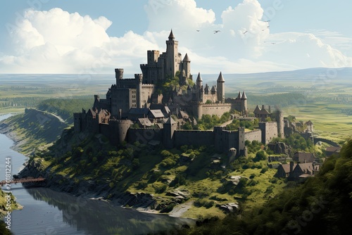 Fantasy landscape with castle on the hill. 3D illustration, AI Generated