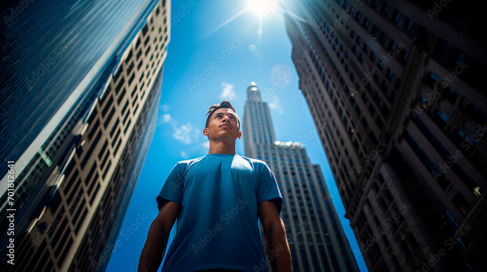 young Latino man surrounded by buildings, wearing a blue t-shirt, with a low angle perspective young Latino man surrounded by buildings, wearing a blue t-shirt, with a low angle perspective