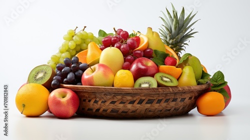 A basket brimming with assorted vividly colored fruit