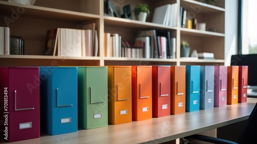 Colorful office binders line up neatly on desk.