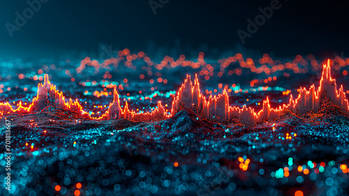 digital landscape with peaks and valleys in red and blue lights, resembling a stock market chart