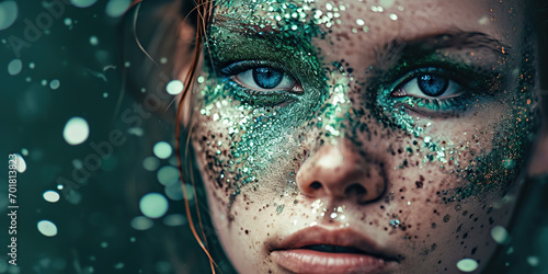 Portrait of a woman with green glitter makeup. © EOL STUDIOS