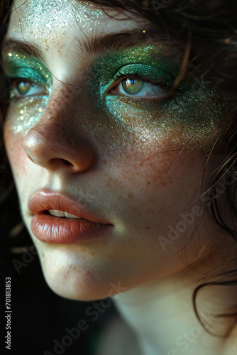 Portrait of a woman with green glitter makeup.