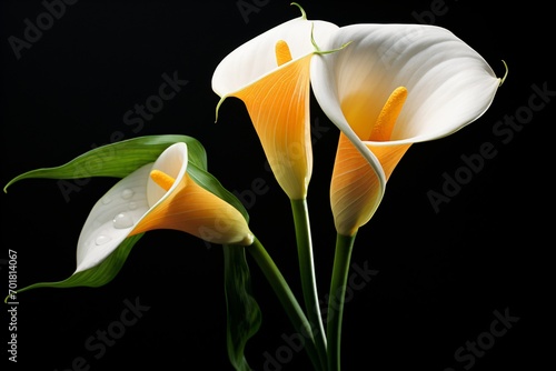 A bunch of calla lily flowers isolated on a black background