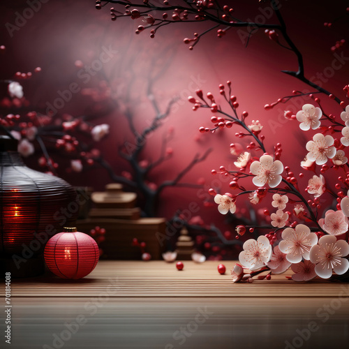 Sakura cherry blossom and red lantern with copy space. Chinese New Year Concept