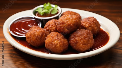 Fried meatballs with sauce.. Generative AI