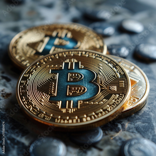 Bitcoins on blue background, criptomoney