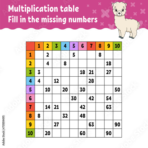 Paste the missing numbers. Learning multiplication table. Handwriting practice. Education developing worksheet. Color activity page. Game for children. Vector illustration.