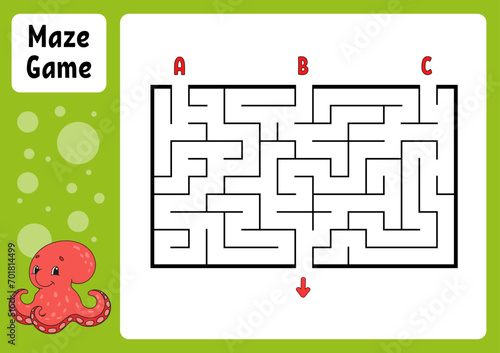 Rectangle maze. Game for kids. Three entrances, one exit. Education worksheet. Puzzle for children. Labyrinth conundrum. Find the right path. cartoon character. Vector illustration.