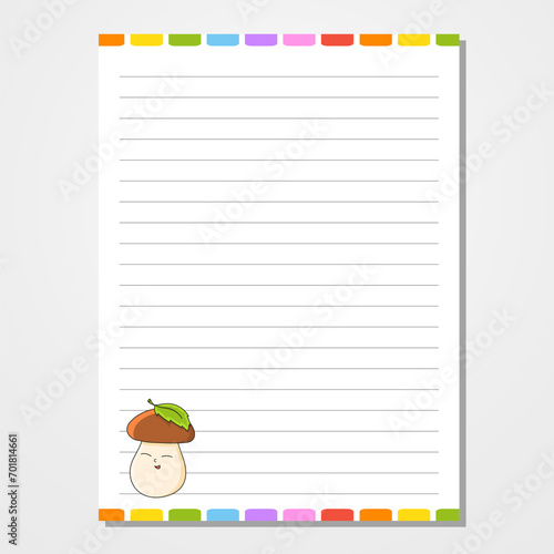 Sheet template for notebook, notepad, diary. Lined paper. Cute character. With a color image. cartoon style. Vector illustration.