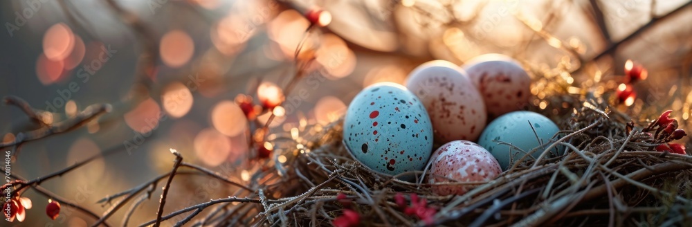 Easter eggs in nest on bokeh background. Happy Easter concept.
