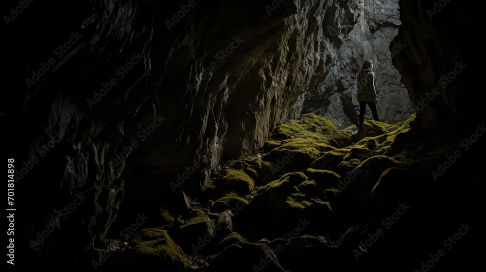 A woman exploring the underground caves of Jura, illuminated by her flashlight.
