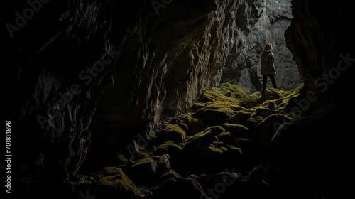 A woman exploring the underground caves of Jura, illuminated by her flashlight.