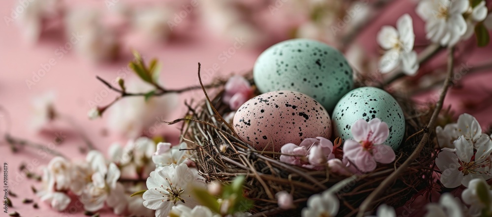 Easter eggs in a nest on a pink background with spring flowers. Easter eggs in a nest on a pink background with spring flowers.