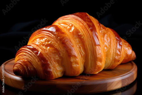 Fresh French croissant on a wooden board on a black background