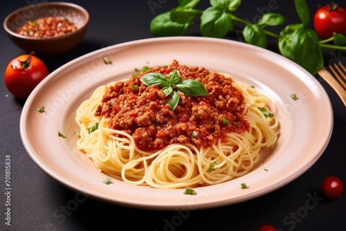  bolognese with spaghetti on a black background