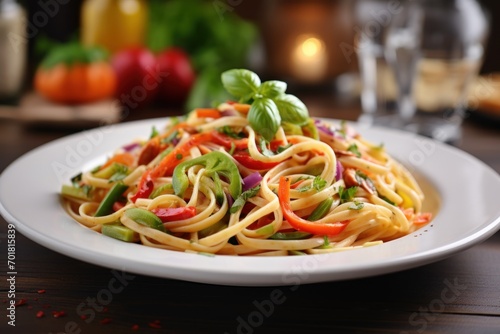close up pasta primavera on a table with spring vegetables on soft background