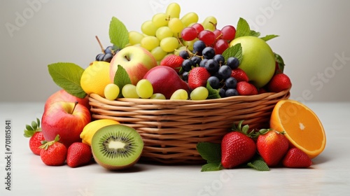 A basket brimming with assorted vividly colored fruit