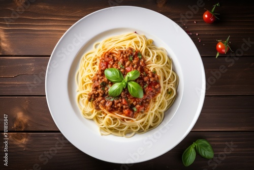 bolognese with spaghetti on a wooden background.Italian cuisine. pasta. view from above