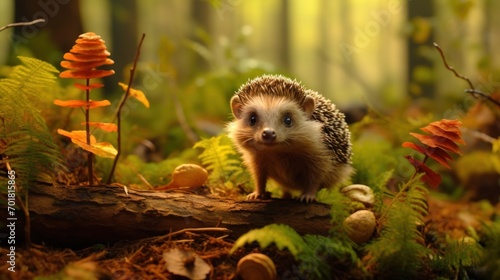 Curious hedgehog explores vibrant forest floor.