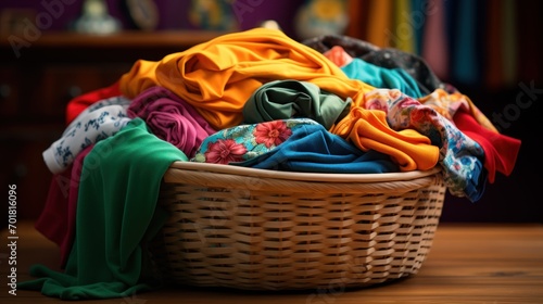 Laundry basket overflows with colorful clothes.