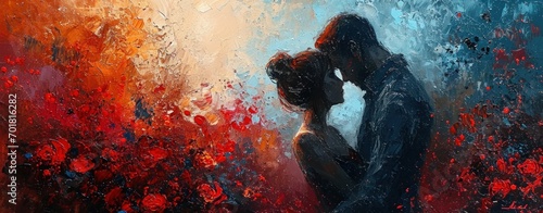 Passionate young couple kissing. Oil painting on canvas. Colorful background., valentines day banner photo