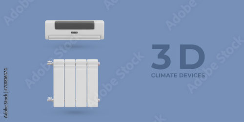 Poster with realistic air conditioner in white and black colors and battery for central heating. Concept of home climate devices. Vector illustration in 3d style