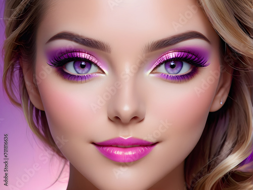 Close-Up of Woman's Face: A captivating close-up portrait of a woman's smile. Her makeup shimmers with a touch of pink and purple, complementing the soft gradient of the background. generative AI
