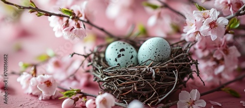 Easter eggs in a nest on a pink background with spring flowers