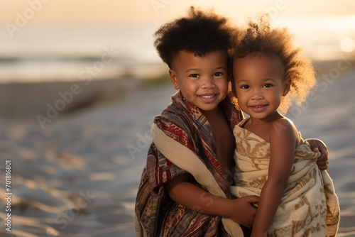 Black sister twins having fun on the beach during summertime - Little female kids laughing and hugging each others - Love and family union concept photo