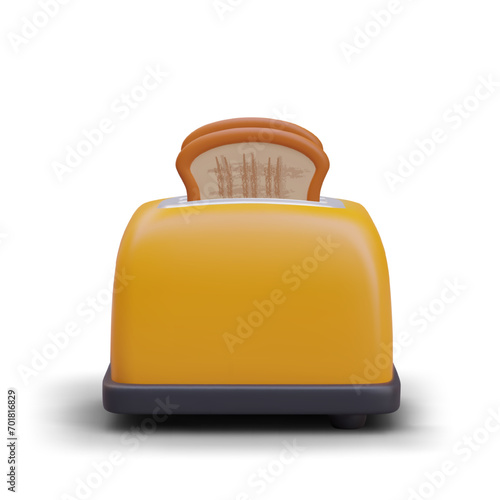 Yellow realistic toaster with bread on white background. Making toast at home concept. Vector illustration in 3d style with white background and shadow