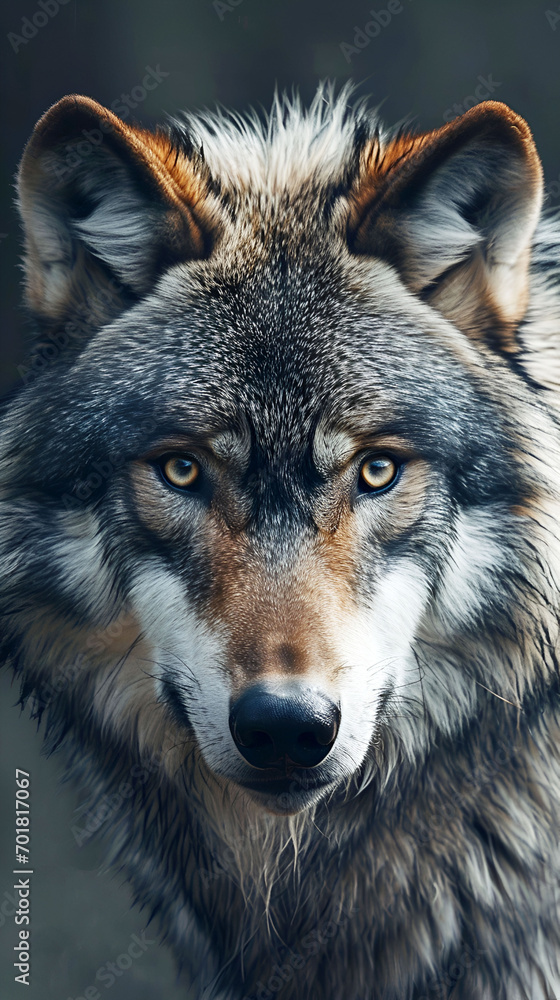 Close-up of a wolf's face with a deep gaze, detailed fur