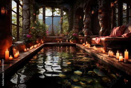 Cozy pool in the spa hotel with burning candles