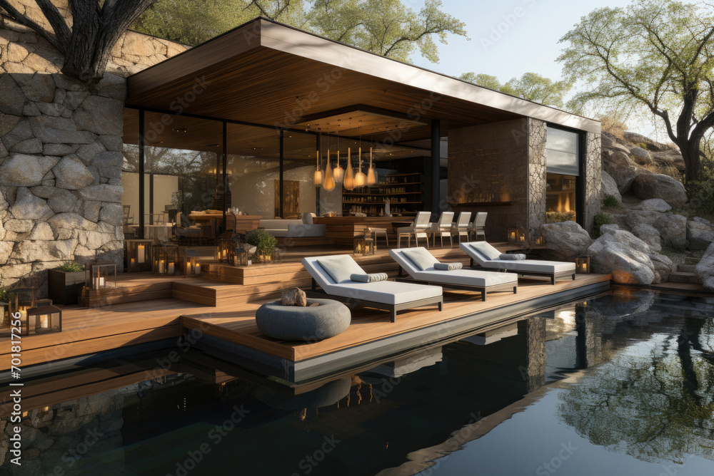 Fototapeta premium Wooden daybed place on concrete floor beside swimming pool Spa