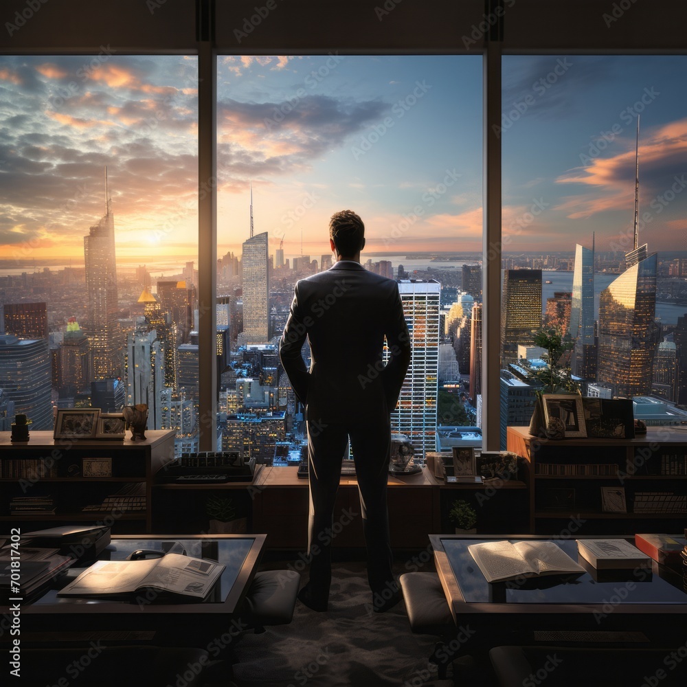 A man looks out of a window at a cityscape A man looks out of a window at a cityscape