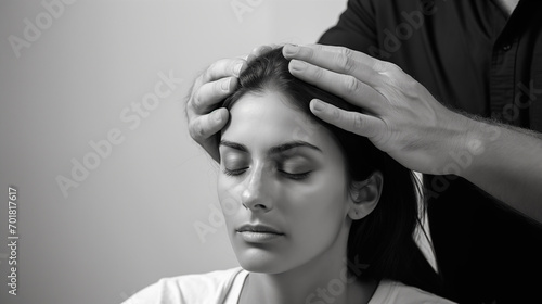 A focused hypnotist places a gentle hand on a woman's forehead, guiding her into a deep state of relaxation and trance. photo