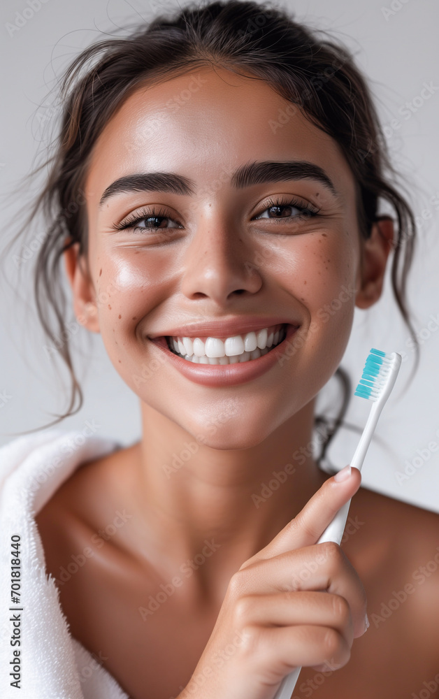 Young woman smiles, shows beautiful well-groomed teeth and holds a toothbrush in his hand Young woman smiles, shows beautiful well-groomed teeth and holds a toothbrush in his hand